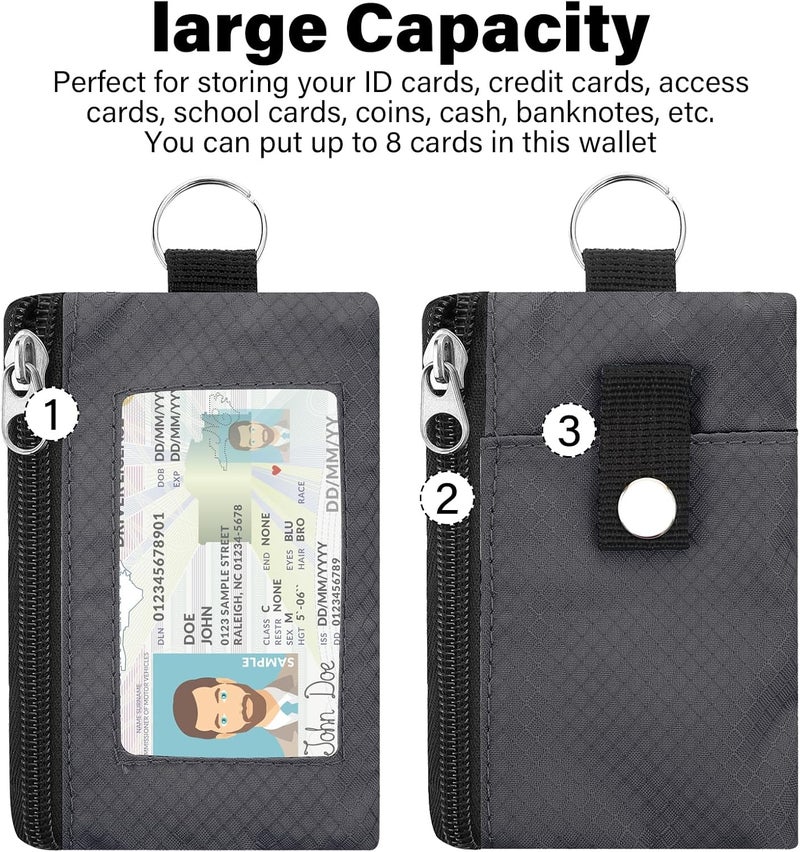 ZHOMA Minimalist RFID Wallet with Lanyard, Multi-Functional ID Case with 2 Zipper Pockets and Key Chain for Men and Women, Tactical Badge Pouch Cards Holder, Coin Purse for Travel Sports-Gray - Image 3